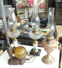 THREE OIL LAMPS AND RADIO LAMP