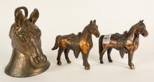 BRONZE "HORSE" BELL & TWO FIGURINES