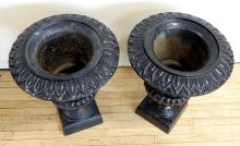 PAIR OF CAST IRON GARDEN URNS