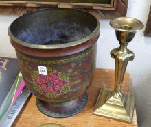 BRASS JARDINIERE AND CANDLESTICK