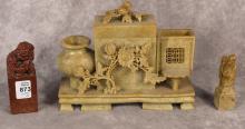 CHINESE SOAPSTONE DESK STAND AND WAX SEALS