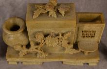 CHINESE SOAPSTONE DESK STAND AND WAX SEALS