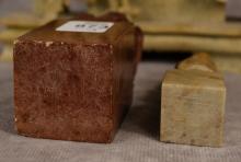 CHINESE SOAPSTONE DESK STAND AND WAX SEALS