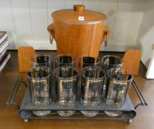 MCM GLASS SET, ICE BUCKET AND BOOKENDS