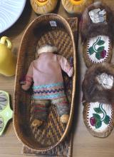 MOCCASINS, BASKET AND DOLL