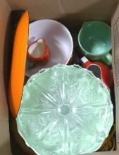 ENAMEL TRAY, GLASS AND POTTERY