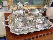 SILVER PLATE TEA AND COFFEE SERVICE, ETC.