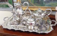 SILVER PLATE TEA AND COFFEE SERVICE, ETC.