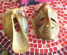 TWO WALL MASKS AND "LIZA MINELLI" WIG STAND