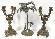 PAIR OF CANDELABRA AND METAL SCULPTURE