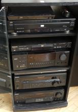ELECTRONIC COMPONENTS IN CABINET AND PAIR OF TOWER SPEAKERS