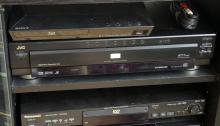 ELECTRONIC COMPONENTS IN CABINET AND PAIR OF TOWER SPEAKERS