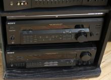 ELECTRONIC COMPONENTS IN CABINET AND PAIR OF TOWER SPEAKERS