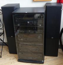 ELECTRONIC COMPONENTS IN CABINET AND PAIR OF TOWER SPEAKERS