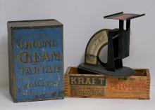 ANTIQUE TIN, SCALE & CHEESE BOX