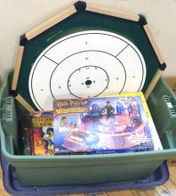 BIN AND BOX OF GAMES AND PUZZLES
