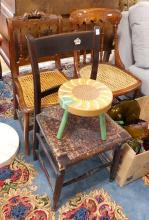 THREE ANTIQUE CHAIRS AND FOOTSTOOL