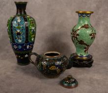 CHINESE CLOISONNE TEAPOT AND TWO VASES