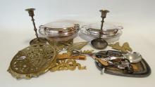 BOX LOT OF SILVERPLATE AND BRASS