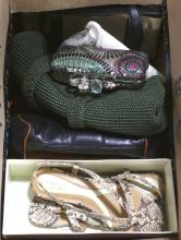 BOX LOT OF SHOES, PURSES, ETC.