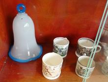 ANTIQUE ENGLISH MUGS AND TWO GLASS SMOKE BELLS