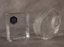 TWO SIGNED CRYSTAL PAPERWEIGHTS