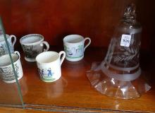 ANTIQUE ENGLISH MUGS AND TWO GLASS SMOKE BELLS