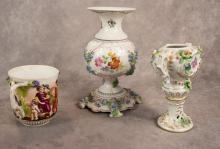 TWO DRESDEN VASES AND CAPODIMONTE CUP