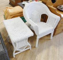 WICKER ARMCHAIR AND MAGAZINE TABLE