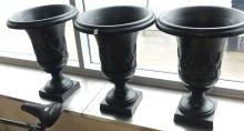 SET OF THREE CAST IRON GARDEN URNS