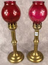 PAIR OF BRASS "CANDLESTICK" OIL LAMPS