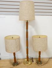 TEAK FLOOR AND TABLE LAMP SET