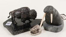 SOAPSTONE CARVING AND TWO METAL FIGURINES