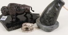 SOAPSTONE CARVING AND TWO METAL FIGURINES