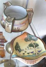 TWO ASHTRAYS, CREAMER AND BOWL