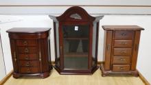 TWO JEWELLERY BOXES AND WALL CABINET