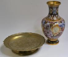 CLOISONNE VASE AND BRASS DISH