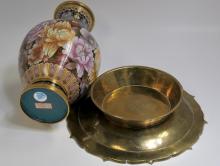 CLOISONNE VASE AND BRASS DISH