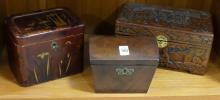 TWO TEA CADDIES AND JEWELLERY BOX