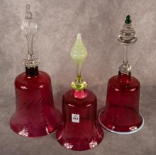 THREE ANTIQUE CRANBERRY GLASS WEDDING BELLS