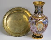 CLOISONNE VASE AND BRASS DISH