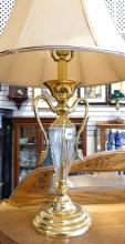 PAIR OF BRASS AND CRYSTAL TABLE LAMPS