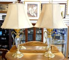 PAIR OF BRASS AND CRYSTAL TABLE LAMPS