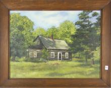 FRAMED "LOG CABIN" OIL PAINTING