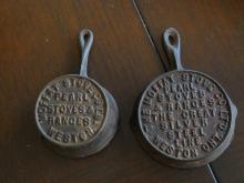 ANTIQUE SPECTACLES AND TWO TOY FRYING PANS