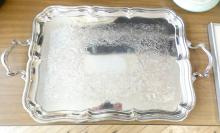 SILVER PLATE PLATTERS, TRAYS AND ICE BUCKET