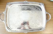 SILVER PLATE PLATTERS, TRAYS AND ICE BUCKET
